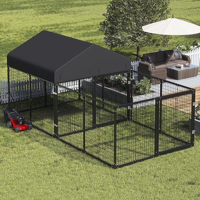 Dog Kennel with Dog Fence for Medium/Small Dogs Anti-Rust Coating Cage with Roof All Weather Resistant Dog House with Double Locks