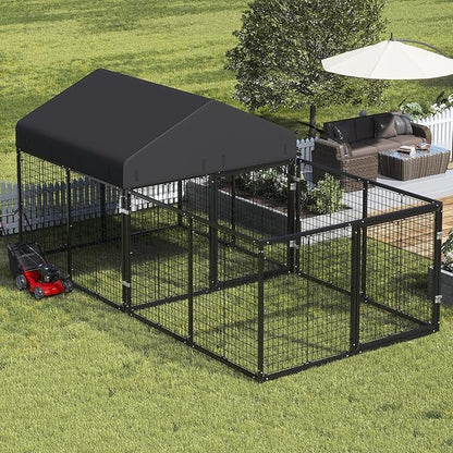 Dog Kennel with Dog Fence for Medium/Small Dogs Anti-Rust Coating Cage with Roof All Weather Resistant Dog House with Double Locks