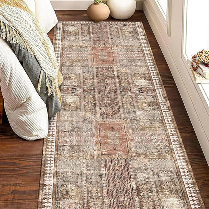 Vintage 2'6'' x 8' Washable Area Rug - Stylish Indoor Rug for Living, Dining or Bedroom - Lightweight Carpet with Non-Slip Backing - Foldable for Easy Placement and Maintenance - Ivory