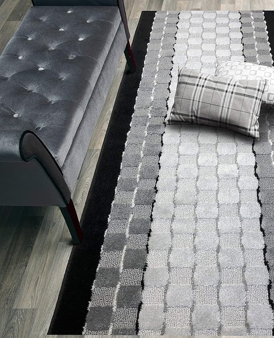 10 ft Long Non-Slip Washable Carpet Runner Rug with Rubber Backing, (26" X 10') Custom Floor Mat for Kitchen Hallway Stairs Bedroom Bathroom Entryway, Checkered Black - Grey, Your Choice of Length