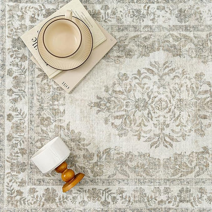 3x5 Area Rug Beige Washable Office Vintage Distressed Carpet Bedroom Indoor Medallion Floral Living Room Non Slip Retro Throw Floor Mat for Dining Room Kitchen Bathroom