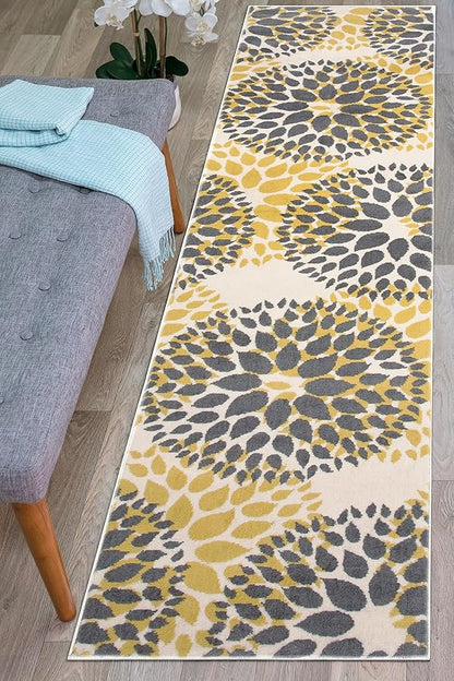 Rugshop Modern Yellow Floral Circles Design Area Rug – Elegant Non-Shedding, 2' x 7' for Living Room, Bedroom, Dining Room, Kitchen