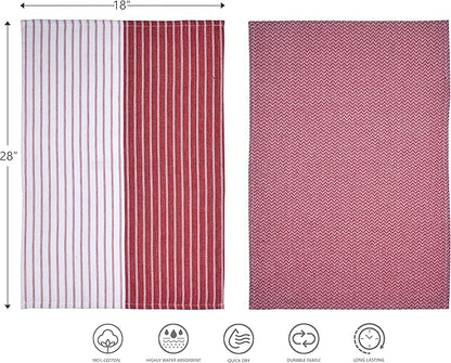 Premium Cotton Kitchen Towels, 18" × 28″ Large Hand Dish Towels with Hanging Loop, Ultra Absorbent, Quick Dry & Lint Free Tea Towels Set, Resuable Cleaning Cloths, Red – Pack of 4