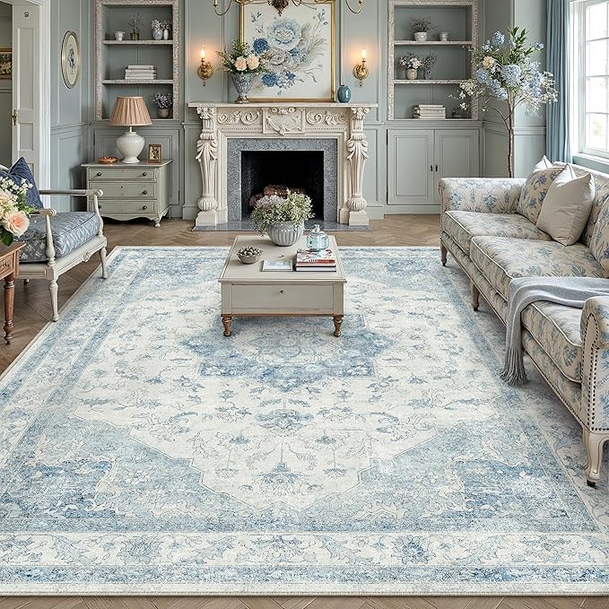 Blue Area Rug 8x10 Washable Vintage Carpet for Living Room Bedroom Large Soft Retro Low Pile Thin Indoor Rug Non Slip Oriental Medallion Floor Cover for Dining Room Office