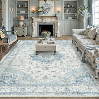 Blue Area Rug 8x10 Washable Vintage Carpet for Living Room Bedroom Large Soft Retro Low Pile Thin Indoor Rug Non Slip Oriental Medallion Floor Cover for Dining Room Office