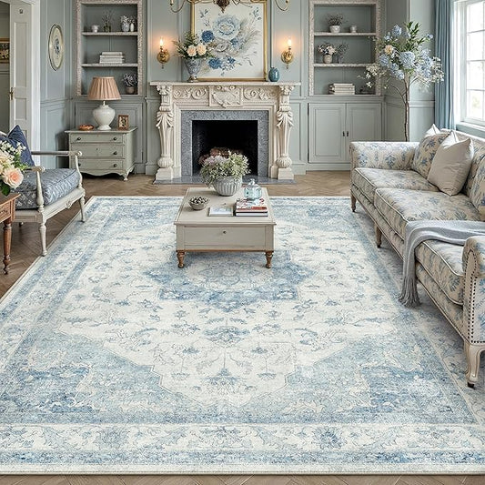 Blue Area Rug 8x10 Washable Vintage Carpet for Living Room Bedroom Large Soft Retro Low Pile Thin Indoor Rug Non Slip Oriental Medallion Floor Cover for Dining Room Office