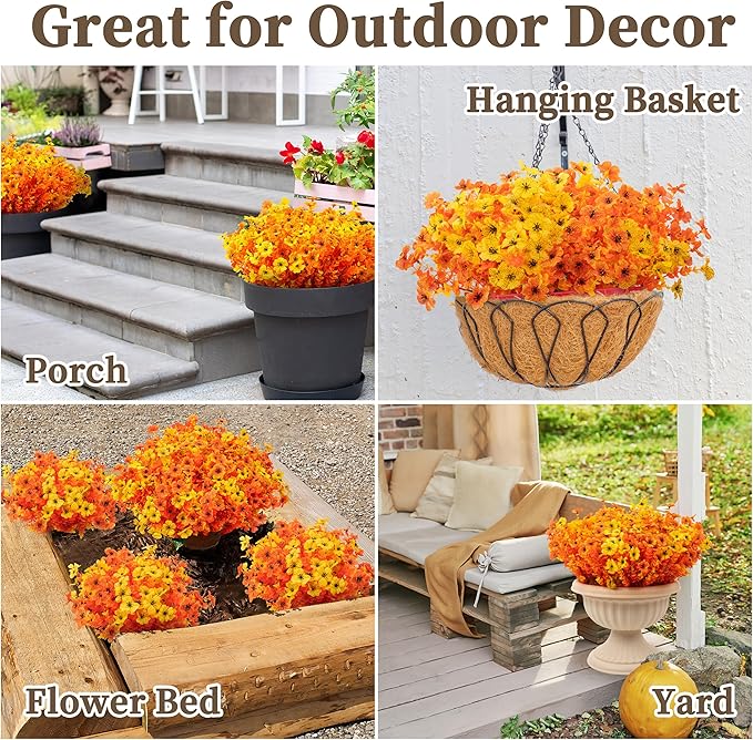 16 Bundles Artificial Mums for Outdoors/Indoors Faux Mums for Outdoor Planters, Eucalyptus Leaves Fall Flowers Artificial for Decoration Boxwood Garden Porch Window Home Wedding (Yellow&Red Orange)