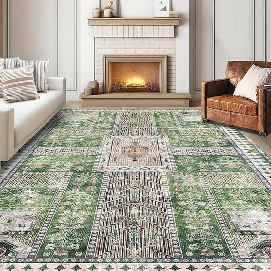 Vintage 8' x 10' Washable Area Rug - Stylish Indoor Rug for Living, Dining or Bedroom - Lightweight Carpet with Non-Slip Backing - Foldable for Easy Placement and Maintenance - Green
