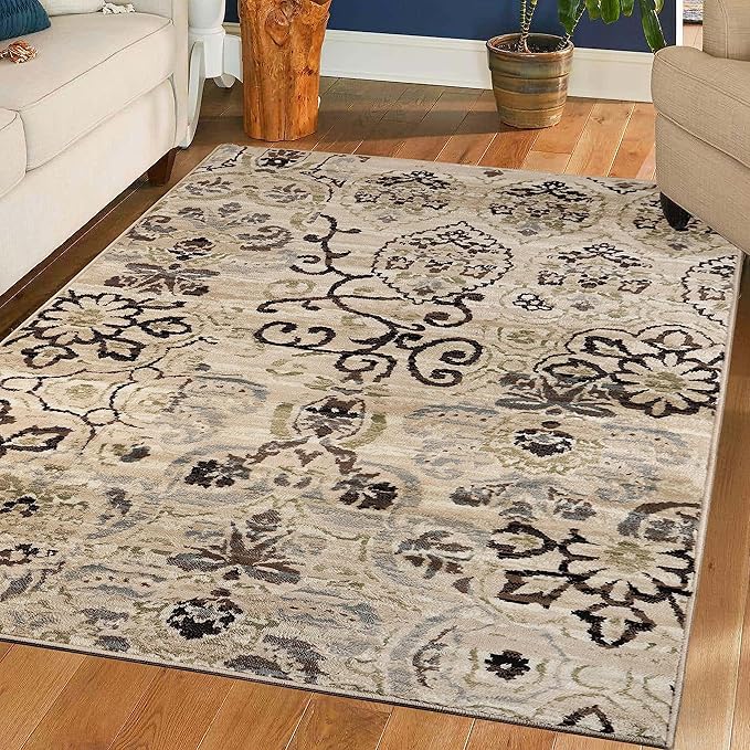 Superior 8mm Pile Height with Jute Backing, Gorgeous Patchworked Damask Design, Fashionable and Affordable Woven Rugs, 5' x 8' Rug, Beige