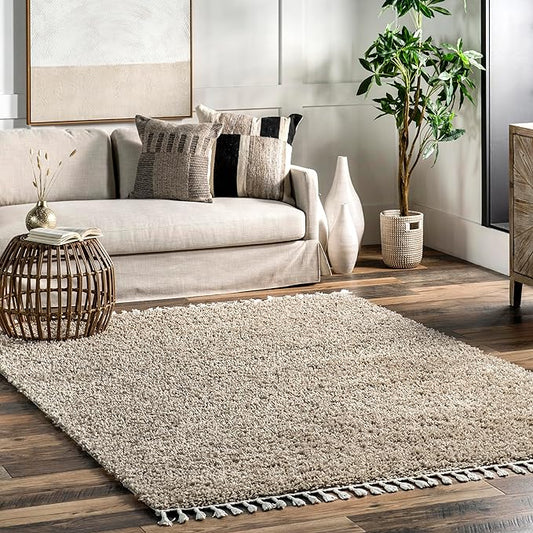 Nuloom Neva Beige/Ivory, 4' x 6', Modern, Shag, Tasseled, Soft and Cozy, High Traffic, Stain Resistant, Easy Clean, Durable Area Rug for Bedroom, Living Room, Dining Space, Den, Foyer, Entryway