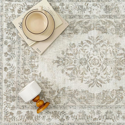 3x4 Area Rug Beige Washable Office Vintage Distressed Carpet Bedroom Indoor Neutral Medallion Floral Living Room Non Slip Retro Throw Floor Mat for Dining Room Kitchen Bathroom