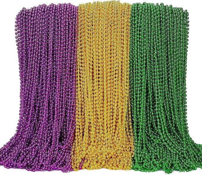 200PCS Mardi Gras Beads, Mardi Gras Green Purple Gold Metallic Beads Necklaces Accessories Bulk, Carnival Mardi Gras Beads Costumes Women Men for Parade Throws Party Decorations Favor Supplies
