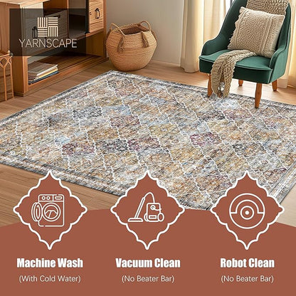 4' x 6' Washable Area Rug - Low Pile Soft Vintage Indoor Rug for Living, Dining or Bedroom - Lightweight Carpet with Non-Slip Backing - Foldable for Easy Placement, Multi
