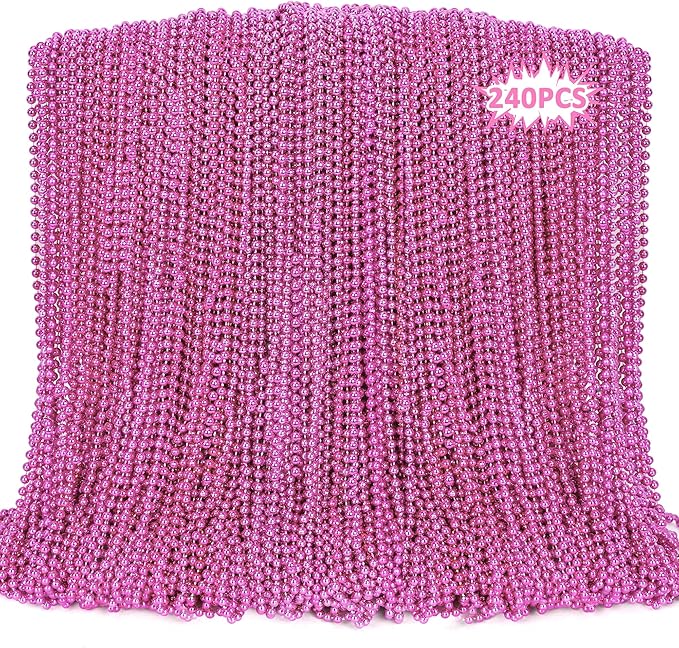 240PCS Pink Beads Necklace, 33" Breast Cancer Awareness Accessories Bulk, Mardi Gras Pink Beaded Necklace, Festival Parade Throw Accessories for Wedding Birthday Gender Reveal Party Supplies