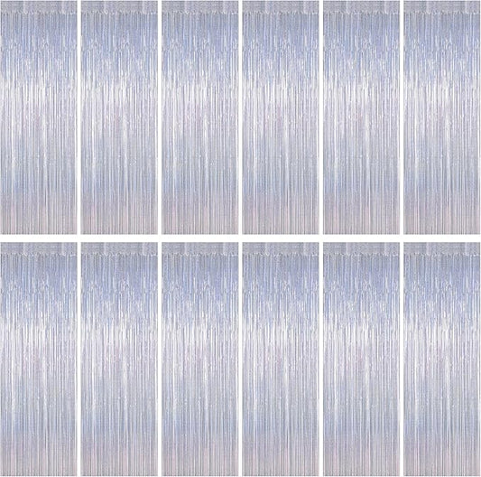12 Pack Fringe Backdrop, 3.28 FT x 7.08 FT Glitter Silver Tinsel Curtain, Metallic Foil Curtains Party Streamer Disco Backdrop, Silver Party Decorations for New Year Birthday Holiday