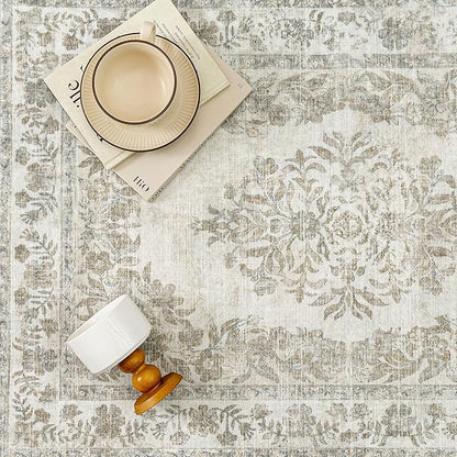 2x8 Runner Rug Beige Washable Hallway Kitchen Bedroom Vintage Distressed Bathroom Non Slip Medallion Floral Carpet Indoor Retro Throw Floor Mat for Office Dining Laundry Living Room