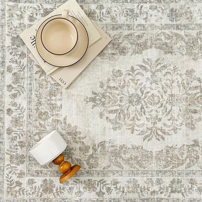 6x9 Area Rug Beige Washable Vintage Distressed Living Room Carpet Large Bedroom Indoor Medallion Floral Non Slip Retro Throw Floor Mat for Office Dining Room Kitchen Bathroom