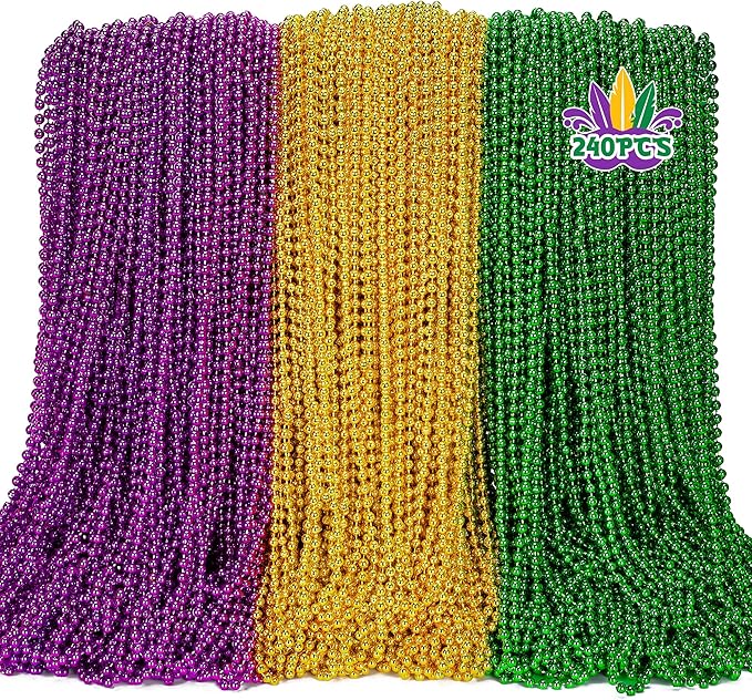 240PCS Mardi Gras Beads, Mardi Gras Beads Green Purple Gold Bulk, Metallic Round Necklaces Accessories Bulk, Necklace Costumes for Parade Throws Party Decorations Favor Supplies