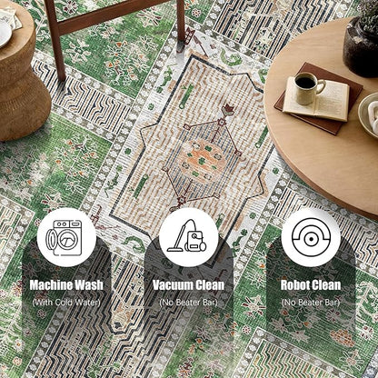 Vintage 5' x 7' Washable Area Rug - Stylish Indoor Rug for Living, Dining or Bedroom - Lightweight Carpet with Non-Slip Backing - Foldable for Easy Placement and Maintenance - Green