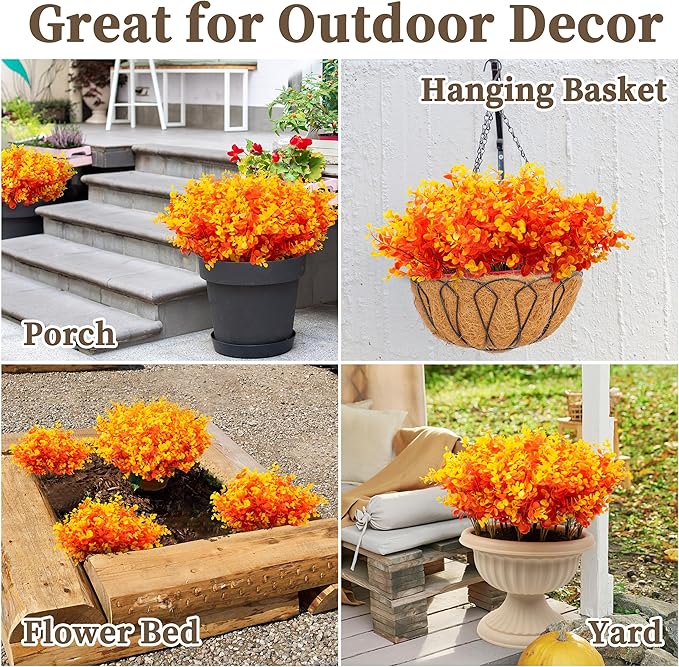 12 Bundles Eucalyptus Leaves Boxwood Artificial Mums for Outdoors/Indoors, Faux Mums for Outdoor Planters, Fall Fake Flowers for Decoration Garden Porch Window Home Farmhouse(Orange Eucalyptus)