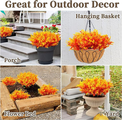 12 Bundles Eucalyptus Leaves Boxwood Artificial Mums for Outdoors/Indoors, Faux Mums for Outdoor Planters, Fall Fake Flowers for Decoration Garden Porch Window Home Farmhouse(Orange Eucalyptus)