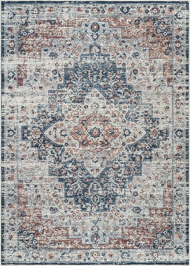 Bloom Rugs Caria Washable Non-Slip 8x10 Rug - Terracotta/Teal Traditional Area Rug for Living Room, Bedroom, Dining Room, and Kitchen - Exact Size: 7'8" x 10'