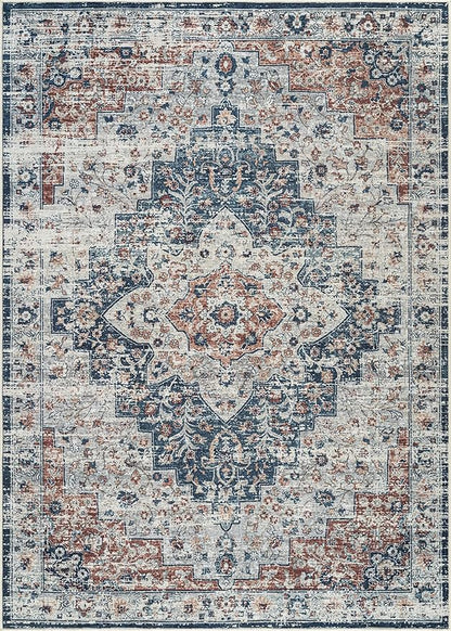 Bloom Rugs Caria Washable Non-Slip 6x9 Rug - Terracotta/Teal Traditional Area Rug for Living Room, Bedroom, Dining Room, and Kitchen - Exact Size: 6' x 9'