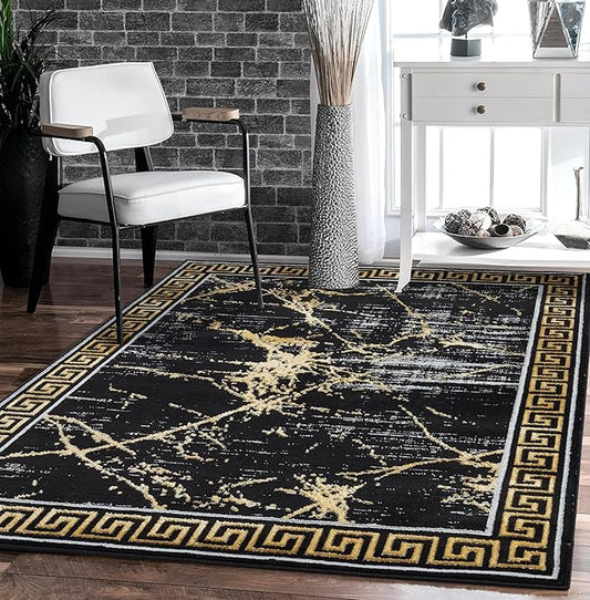 GLORY RUGS Area Rugs Marble 2x7 Black Gold Carpet Modern Abstract Rug Living Room Dining Bedroom Rug
