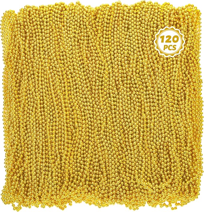 120PCS Gold Necklace, Gold Mardi Gras Beads, 33 IN Party Beads Accessories, Mardi Gras Decorations Parade Throws Bulk for Pirate Wedding Birthday Christmas Party Favors Supplies