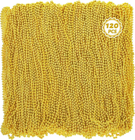 120PCS Gold Necklace, Gold Mardi Gras Beads, 33 IN Party Beads Accessories, Mardi Gras Decorations Parade Throws Bulk for Pirate Wedding Birthday Christmas Party Favors Supplies