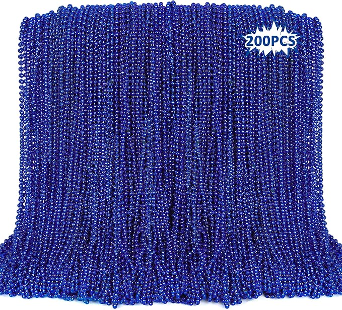 200PCS Blue Beads, 4th of July Blue Beaded Necklaces Stuff, 33" Mardi Gras Necklace Costume Bulk, Parade Throw Party Accessories for Fourth of July Wedding Birthday Events Supplies Decorations