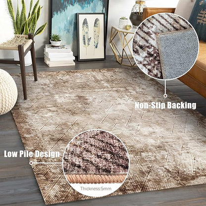 9' x 12' Washable Area Rug - Low Pile Soft Vintage Indoor Rug for Living, Dining or Bedroom - Lightweight Carpet with Non-Slip Backing - Foldable for Easy Placement, Brown