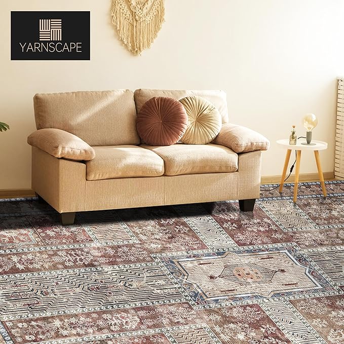 Vintage 4' x 6' Washable Area Rug - Stylish Indoor Rug for Living, Dining or Bedroom - Lightweight Carpet with Non-Slip Backing - Foldable for Easy Placement and Maintenance - Rust