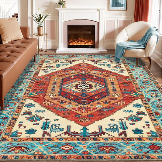 SERISSA Boho Area Rug 8x10 Orange, Washable Large Rugs for Living Room, Ultra Soft Non-Slip Bedroom Rug Print Distressed Vintage Tribal Farmhouse Carpet Rug for Dining Room Dorm Office Home Decor