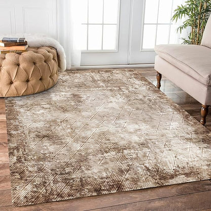 9' x 12' Washable Area Rug - Low Pile Soft Vintage Indoor Rug for Living, Dining or Bedroom - Lightweight Carpet with Non-Slip Backing - Foldable for Easy Placement, Brown
