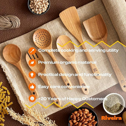 Riveira's 6-Piece Kitchen Essentials - Wooden Spoons for Cooking and Comprehensive Cooking Utensils Set