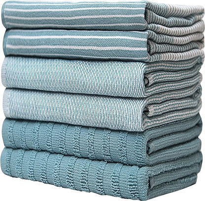 Premium Kitchen Towels (20”x 28”, 6 Pack) | Large Cotton Dish Towels | Flat & Terry Highly Absorbent Kitchen Linen Set with Hanging Loop | Aqua