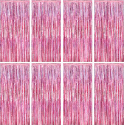 8 Pack Pink Backdrop, 3.28 FT x 7.05 FT Fringe Curtains, Metallic Glitter Pink Fringe Party Streamer Foil Curtains Tinsel Backdrop, Pink Decorations Bachelorette Party Supplies Birthday Decor