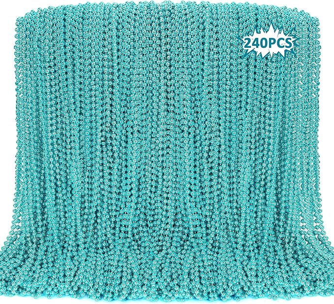 240PCS Mardi Gras Beads, Teal Blue Bead Necklace Party Favors, 33" Mardi Gras Necklace Stuff, Festival Parade Throw Accessories for Wedding Birthday Gender Reveal Party Supplies Decor