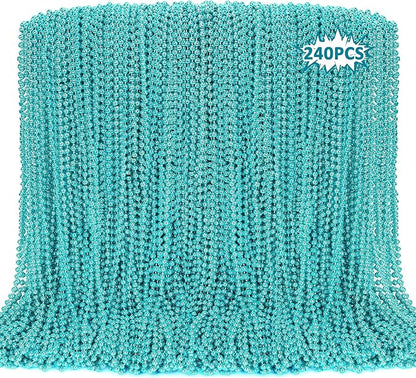 240PCS Mardi Gras Beads, Teal Blue Bead Necklace Party Favors, 33" Mardi Gras Necklace Stuff, Festival Parade Throw Accessories for Wedding Birthday Gender Reveal Party Supplies Decor
