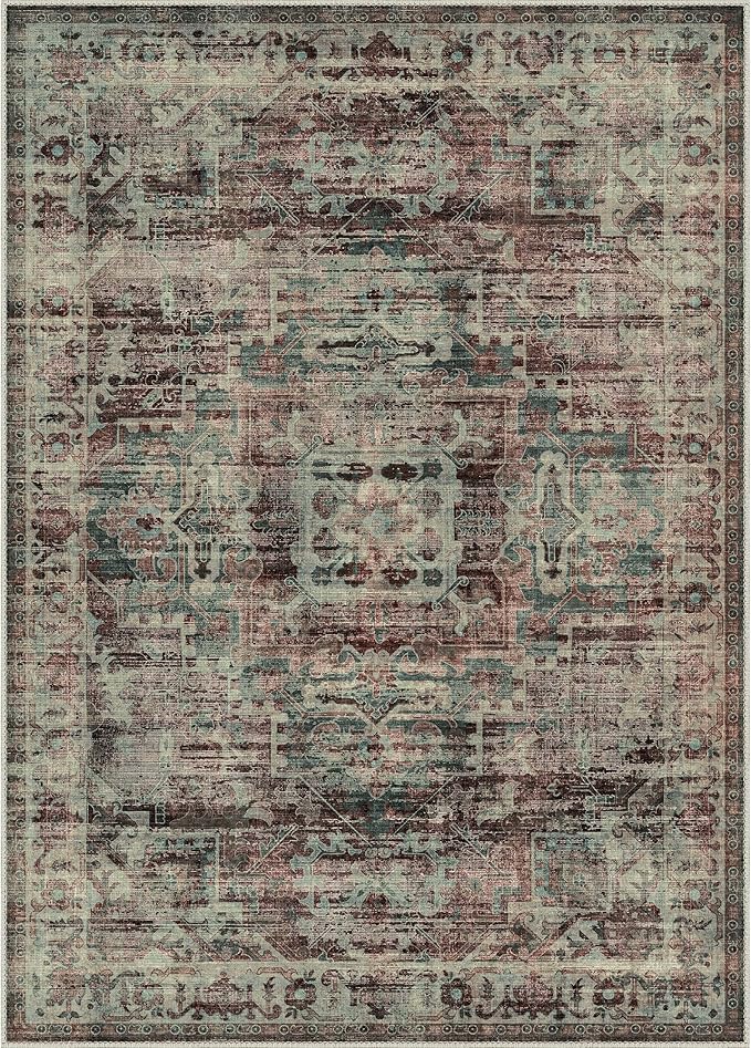 GENIMO Machine Washable 9x12 Area Rugs for Living Room, Non Slip Vintage Rugs, Low Pile Lightweight Chenille Print Rug for Bedroom, Dining Room, Home Office, Dark Scarlet