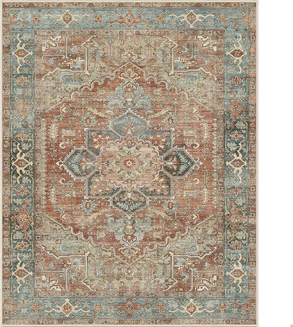 GENIMO Machine Washable 8x10 Area Rugs for Living Room, Non Slip Vintage Rugs, Low Pile Lightweight Chenille Print Rug for Bedroom, Dining Room, Home Office, Red Multi