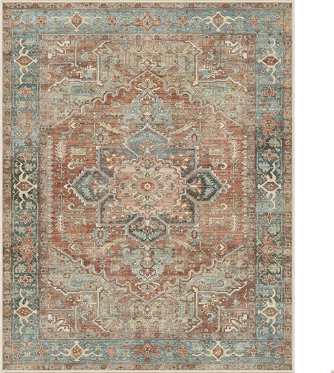 GENIMO Machine Washable 9x12 Area Rugs for Living Room, Non Slip Vintage Rugs, Low Pile Lightweight Chenille Print Rug for Bedroom, Dining Room, Home Office, Red Multi