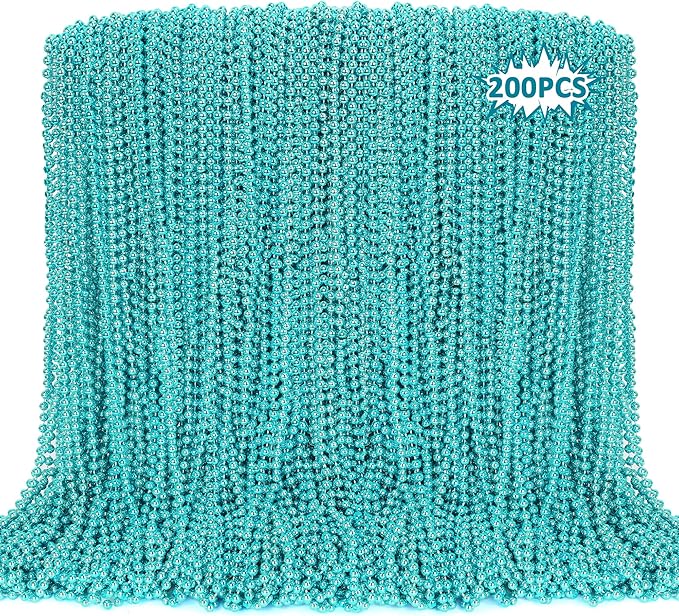 200PCS Mardi Gras Beads, Teal Blue Bead Necklace Party Favors, 33" Mardi Gras Necklace Stuff, Festival Parade Throw Accessories for Wedding Birthday Gender Reveal Party Supplies Decor