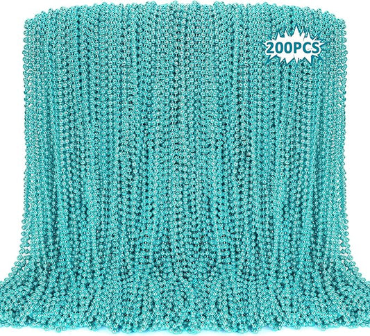 200PCS Mardi Gras Beads, Teal Blue Bead Necklace Party Favors, 33" Mardi Gras Necklace Stuff, Festival Parade Throw Accessories for Wedding Birthday Gender Reveal Party Supplies Decor