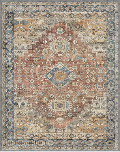 GENIMO 8x10 Area Rugs for Living Room, Machine Washable Non Slip Vintage Rugs, Low Pile Lightweight Chenille Print Rug for Bedroom, Dining Room, Home Office, Antique Red