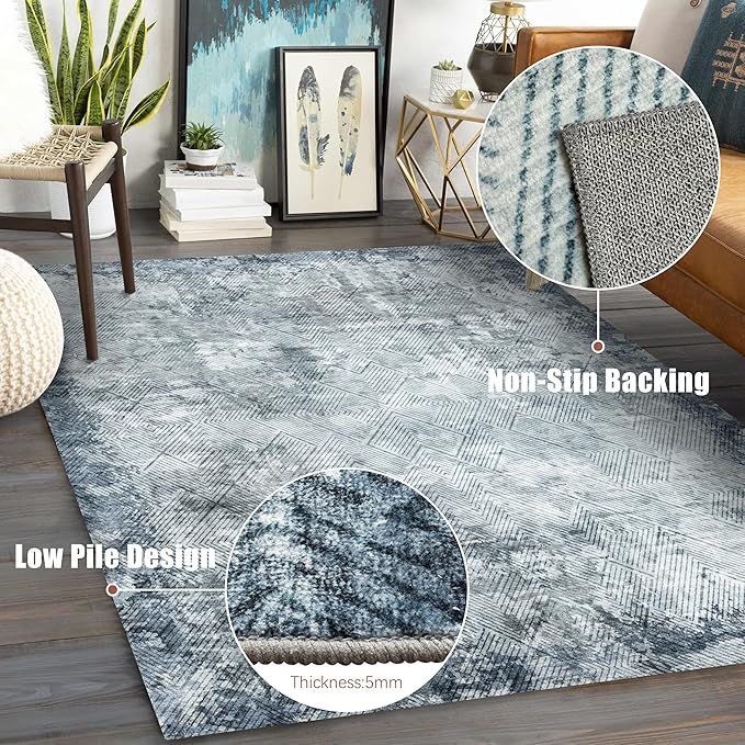 4' x 6' Washable Area Rug - Low Pile Soft Vintage Indoor Rug for Living, Dining or Bedroom - Lightweight Carpet with Non-Slip Backing - Foldable for Easy Placement, Blue