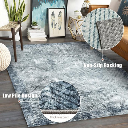 4' x 6' Washable Area Rug - Low Pile Soft Vintage Indoor Rug for Living, Dining or Bedroom - Lightweight Carpet with Non-Slip Backing - Foldable for Easy Placement, Blue