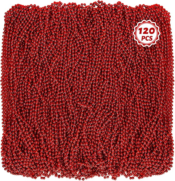 120PCS Bead Necklace, Red Mardi Gras Beads, 33 IN Mardi Gras Accessories, Party Costume Beads Parade Throws Bulk for Christmas Pirate Wedding Party Favors Supplies Decoration