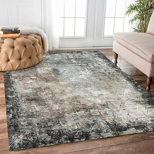 4' x 6' Washable Area Rug - Low Pile Soft Vintage Indoor Rug for Living, Dining or Bedroom - Lightweight Carpet with Non-Slip Backing - Foldable for Easy Placement, Blackish